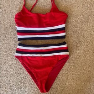 Beach Riot Red Striped High-Waist Bikini Set Size M